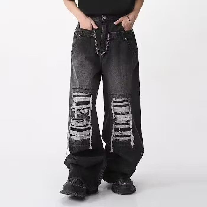 image of Baggy Distressed Denim Jeans in Black, Men's (Size 32)