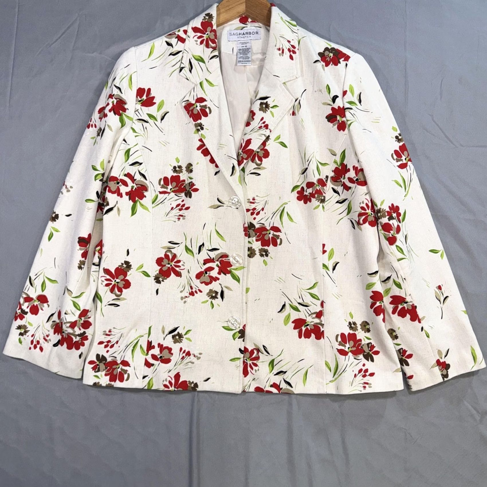 Vintage Sag Harbor Blazer Womens 12 White Floral Linen Blend Stretch Lined Jacket Size XL / US 12-14 / IT 48-50 - 2 Thumbnail