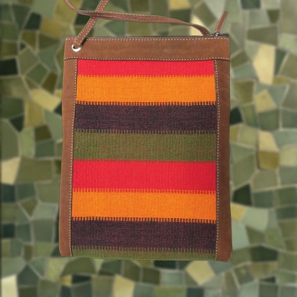 Vintage Guatemala Brown Leather Green Purple Orange Red Textile Crossbody Travel Purse - like new condition - 24" strap drop - 7" width - 9 2/8" depth Size ONE SIZE - 1 Thumbnail