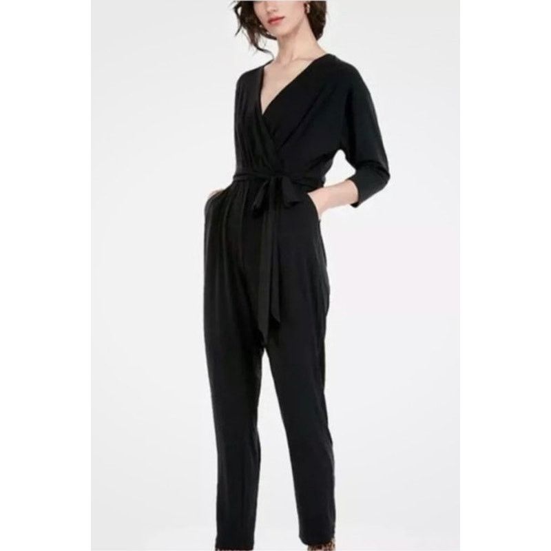 Express Express Black Straight Leg 3/4 Sleeve Belted Jumpsuit, S Size 27" / US 4 / IT 40 - 1 Thumbnail
