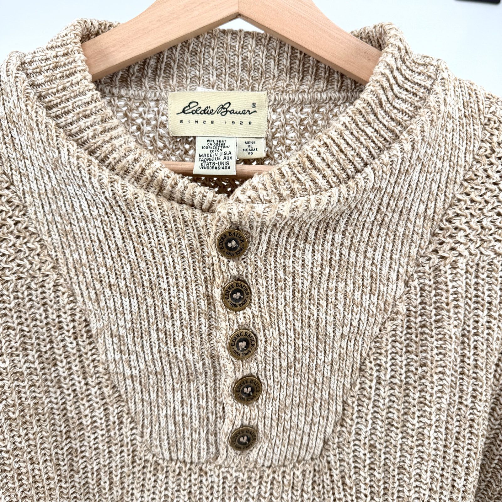 Eddie Bauer Vintage 90s Tan 100% Cotton Henley Marled Knit Sweater Size US XL / EU 56 / 4 - 2 Thumbnail