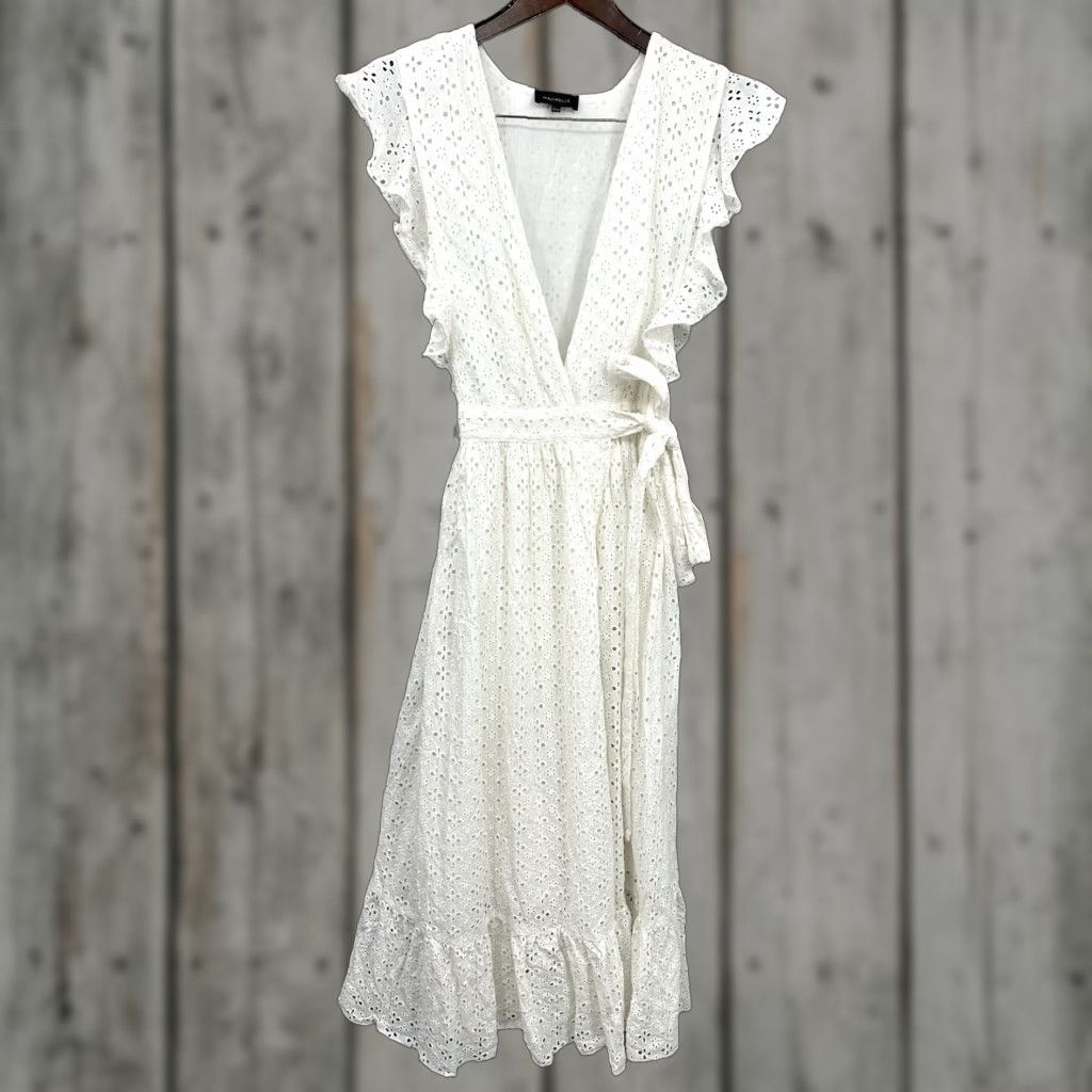 Majorelle Womens Maxi Dress Eyelet Lace Wrap V-Neck Ruffle Tie Bohemian 90s  White Cotton Summer Adult Small - antelopusenergy.com