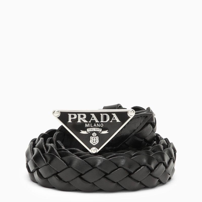 image of Prada Black Logo Woven Leather Belt, Men's