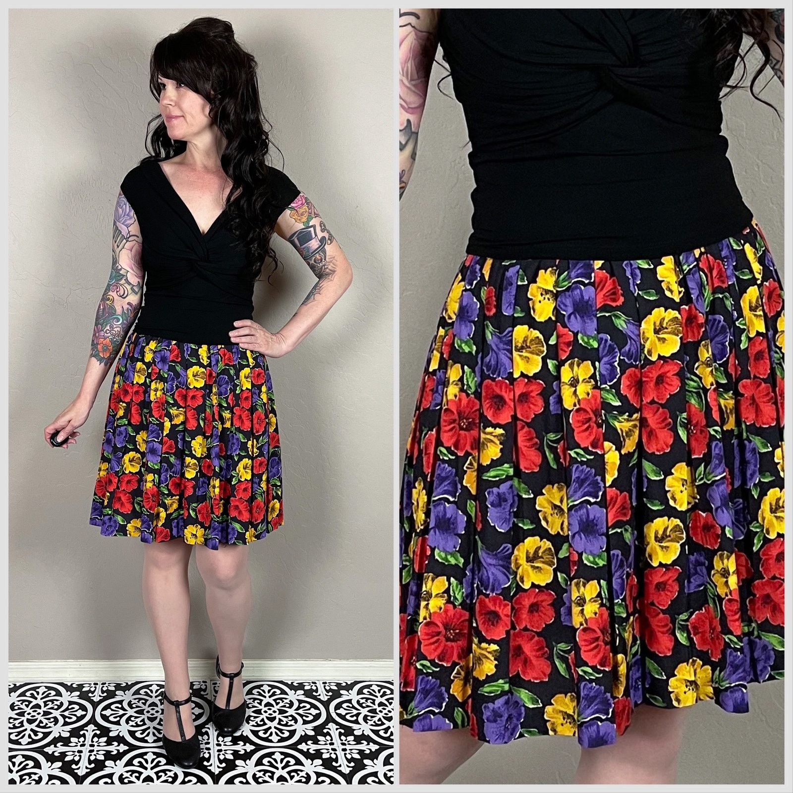 Vintage Vintage 1980s Black Petunia Print Pleated Mini Skirt Size 26" / US 2 / IT 38 - 1 Thumbnail