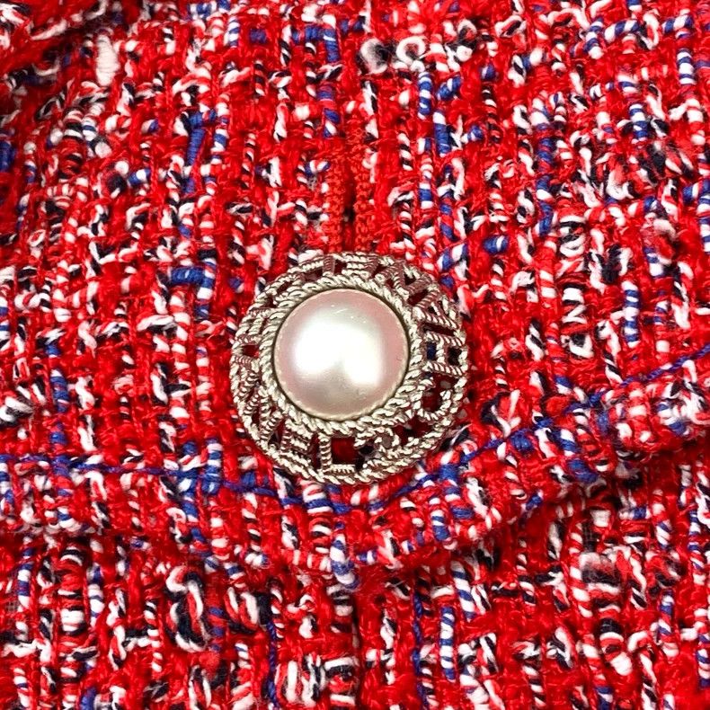 Chanel ChanelRed pearl buckle cotton lapel long-sleeved tweed wove Size XXS / US 00 / IT 34 - 5 Thumbnail