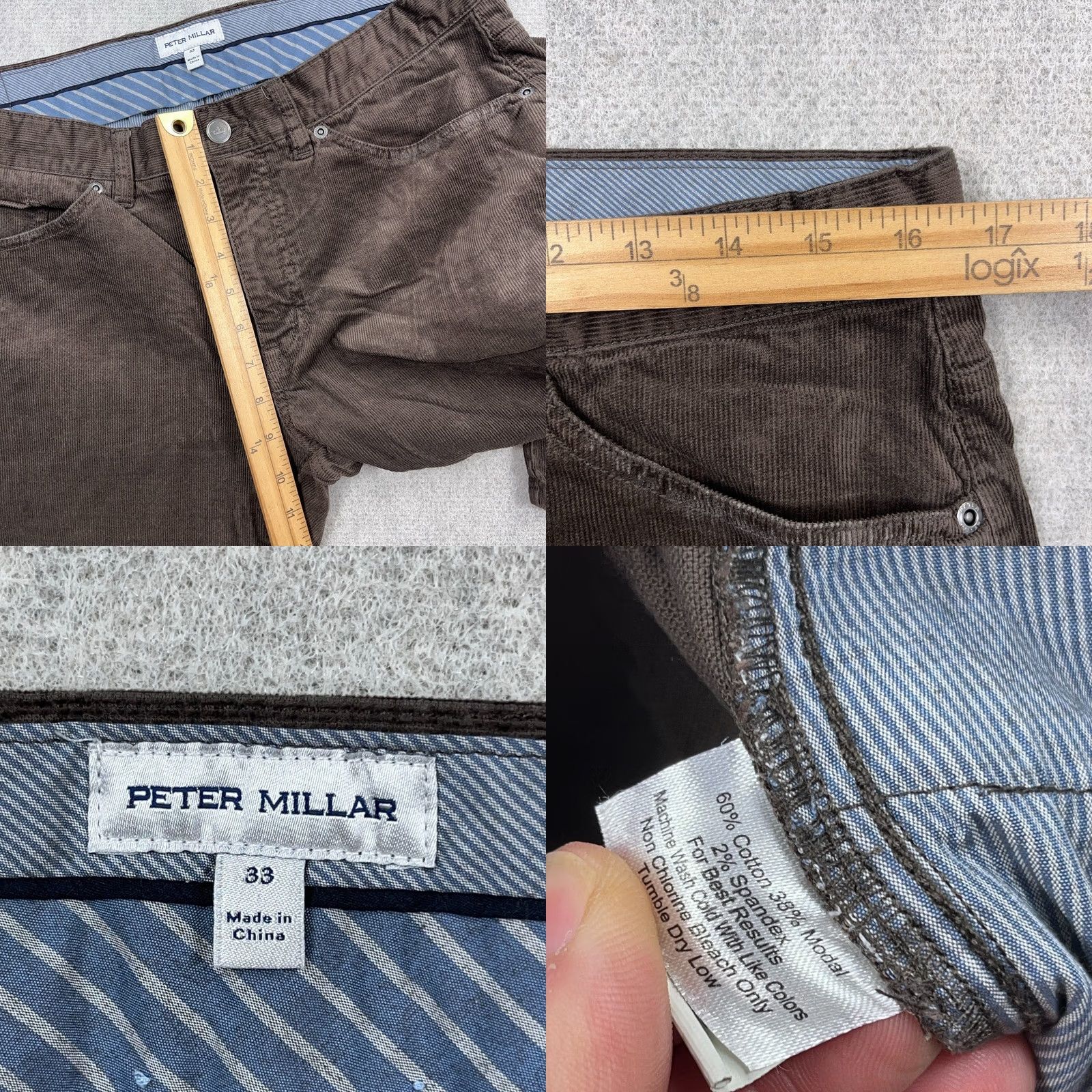 Peter Millar Peter Millar Corduroy Pants Men 33x28 Dark Brown Chino Dress Utility Chocolate Charcoal Brown Cotton Straight Flat Front 5-Pocket Regular Size US 33 - 8 Thumbnail
