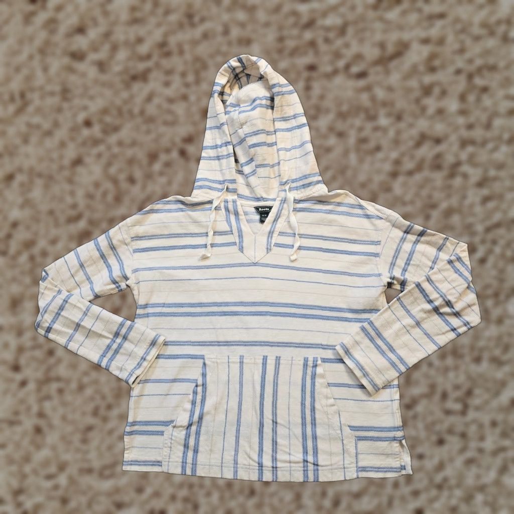 Roots Roots Hoodie Womens Medium White Blue Stripe Pullover Knit Long Sleeve Casual Sporty Womens Size M / US 6-8 / IT 42-44 - 1 Thumbnail