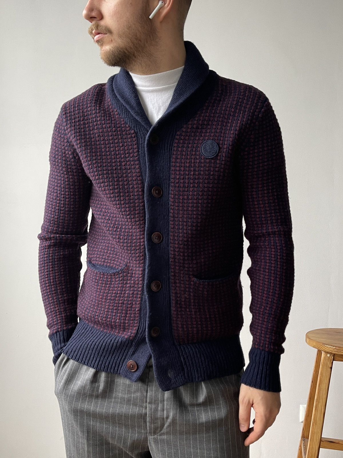 Fred Perry Fred Perry Two Tone Waffle Shawl Navy Red Wool Cardigan M Size US M / EU 48-50 / 2 - 1 Thumbnail