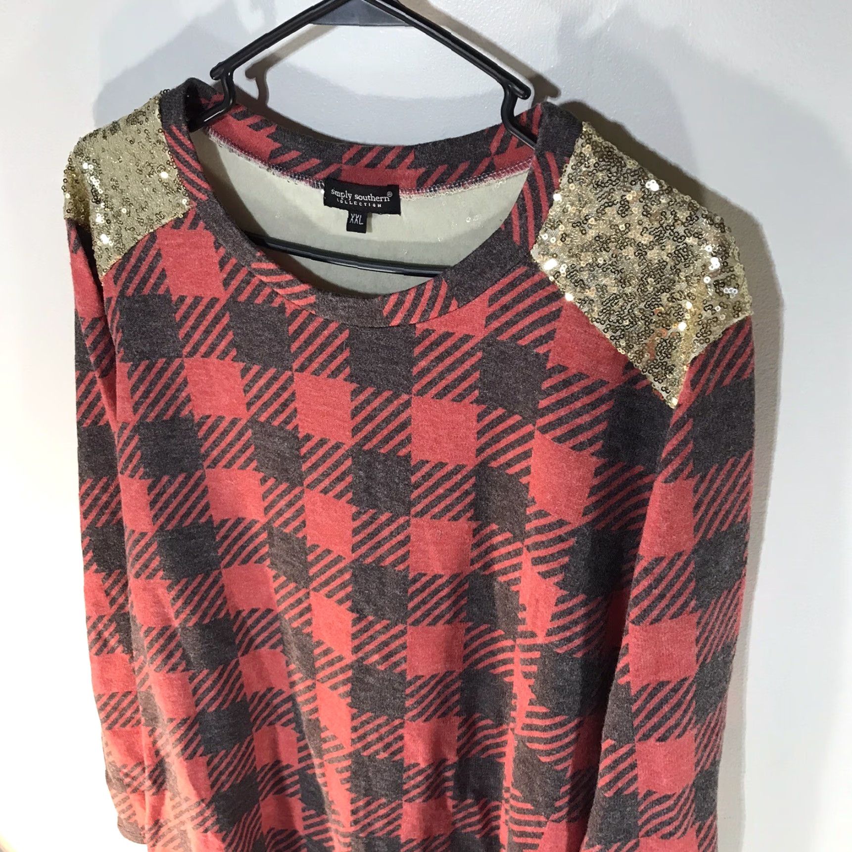 Vintage Simply Southern Red/Gray Plaid A-Line Dress with Gold Sequins, Womens Plus Size 2X, Long Sleeve, Casual Size XXL / US 16-18 / IT 52-54 - 3 Thumbnail