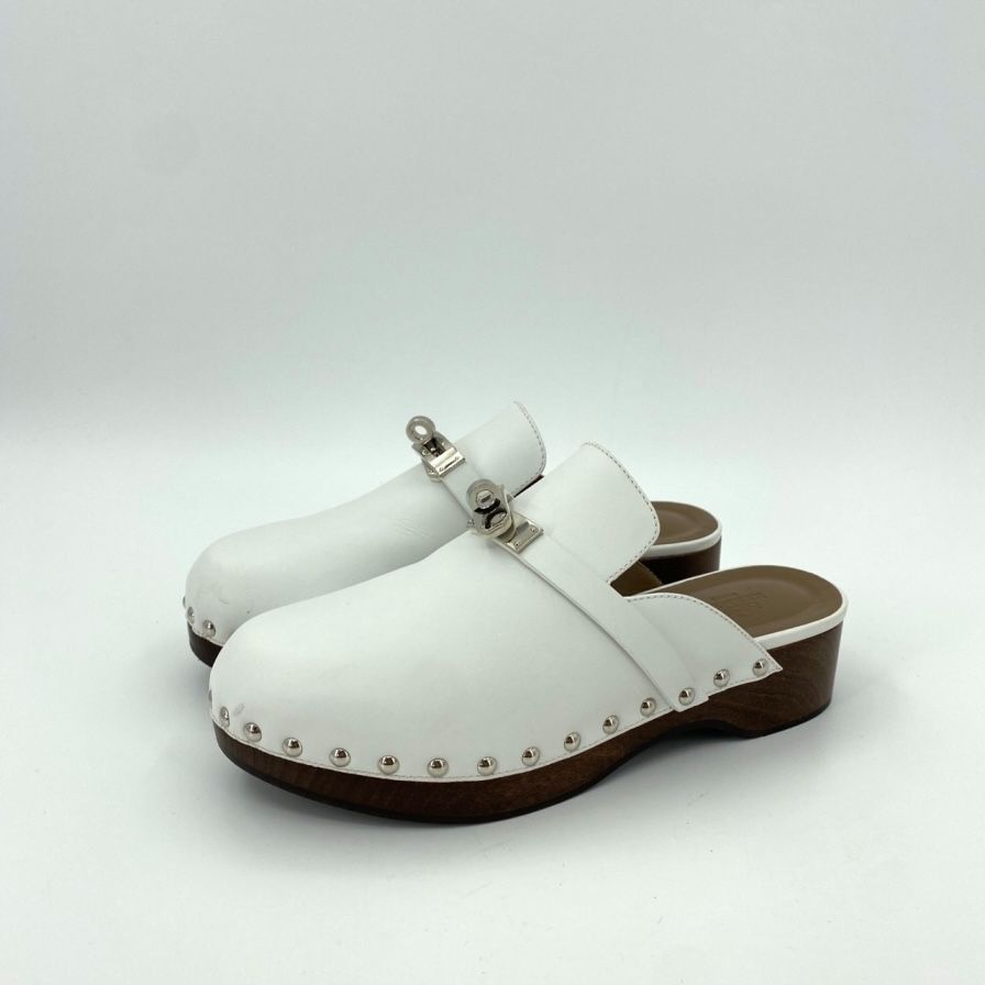 [Hermes] White Leather Studded Mule Sandals 36