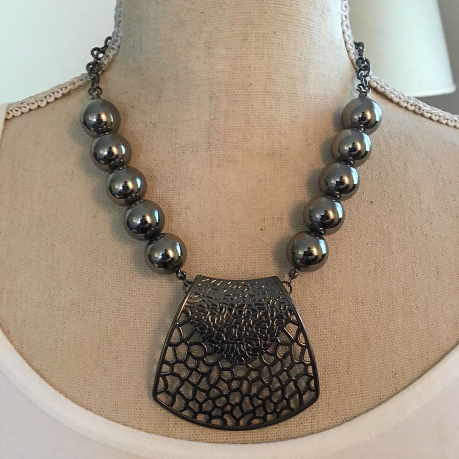 Jewelry Bold chrome tone large pendant beaded necklace Size ONE SIZE - 1 Thumbnail