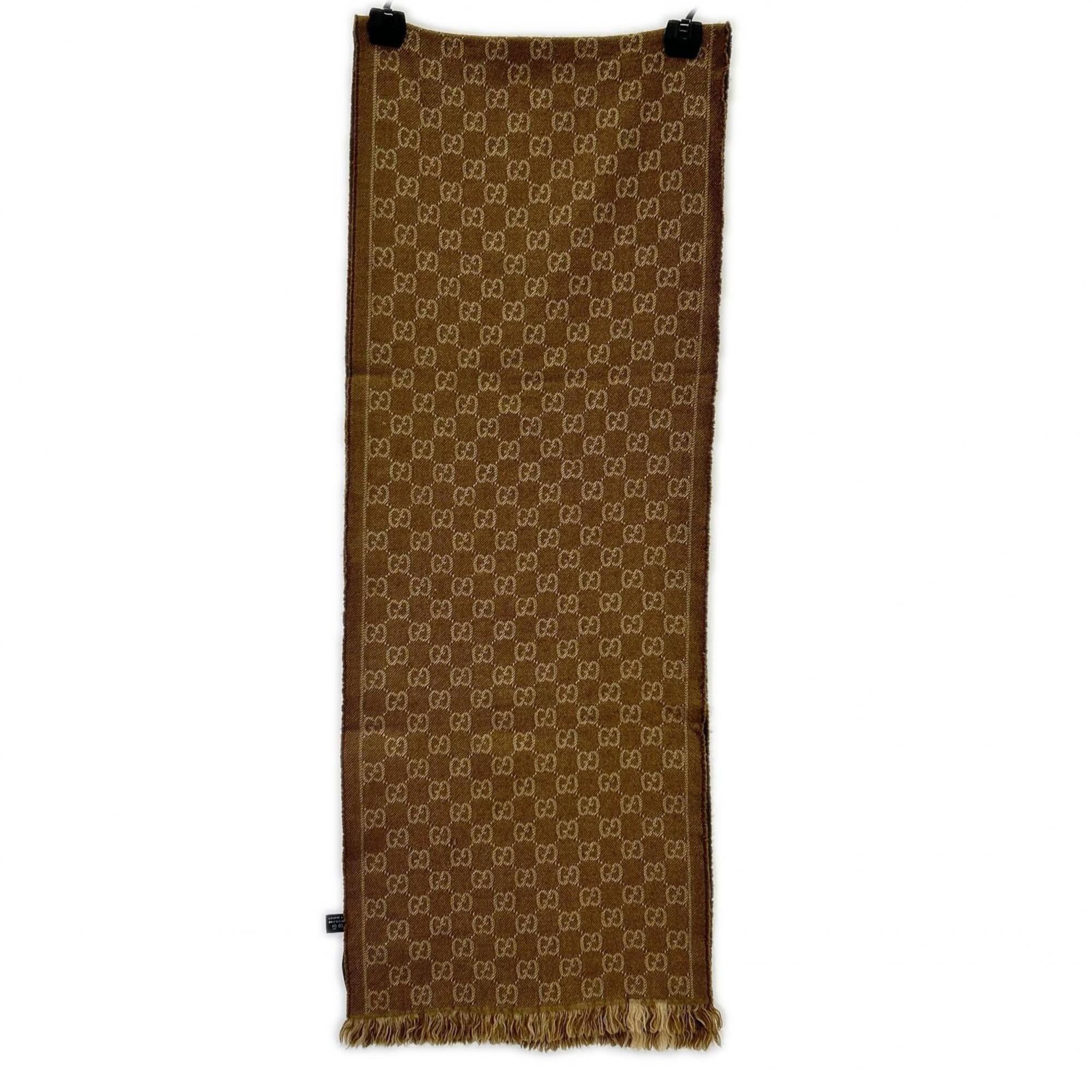 Gucci GUCCI GG pattern fringe wool scarf, brown, for women. Size ONE SIZE - 1 Thumbnail