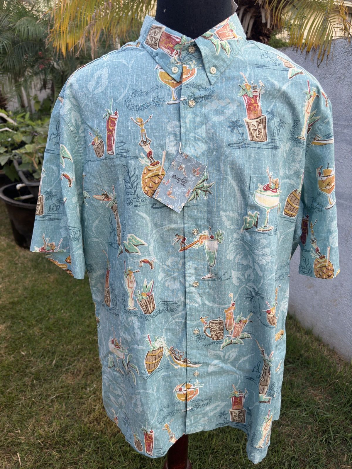 image of New Reyn Spooner Hawaiian Print Green Full Button Men's (Size 2XL)