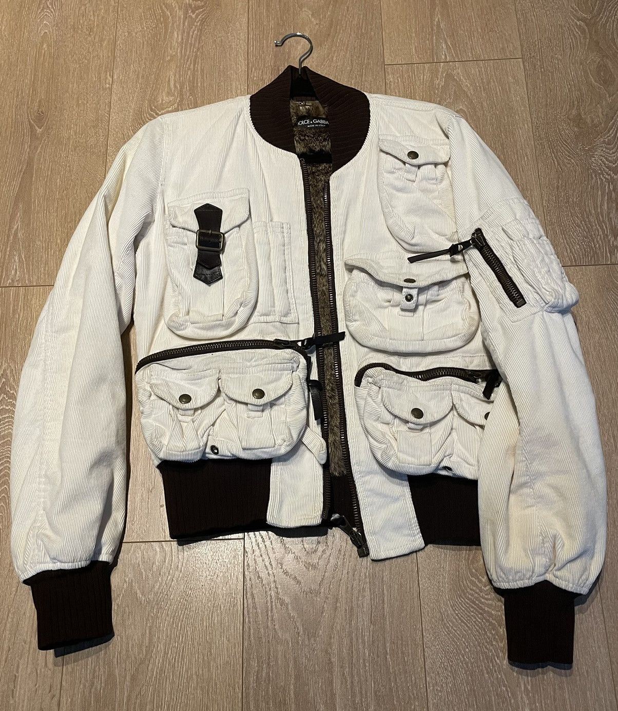 image of Dolce Gabbana White Archive Dolce & Gabanna Cargo Bomber With Rabbit Fur, Men's (Size Small)