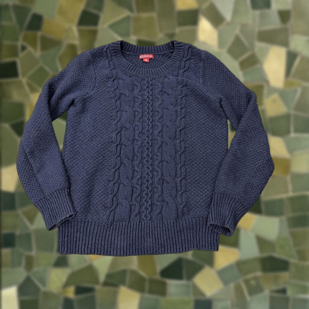 Merona Merona Sweater Adult Womens Medium Navy Blue Cable Knit Crewneck Pullover Knit Wool Cotton Rayon Nylon All Seasons Size M / US 6-8 / IT 42-44 - 1 Thumbnail