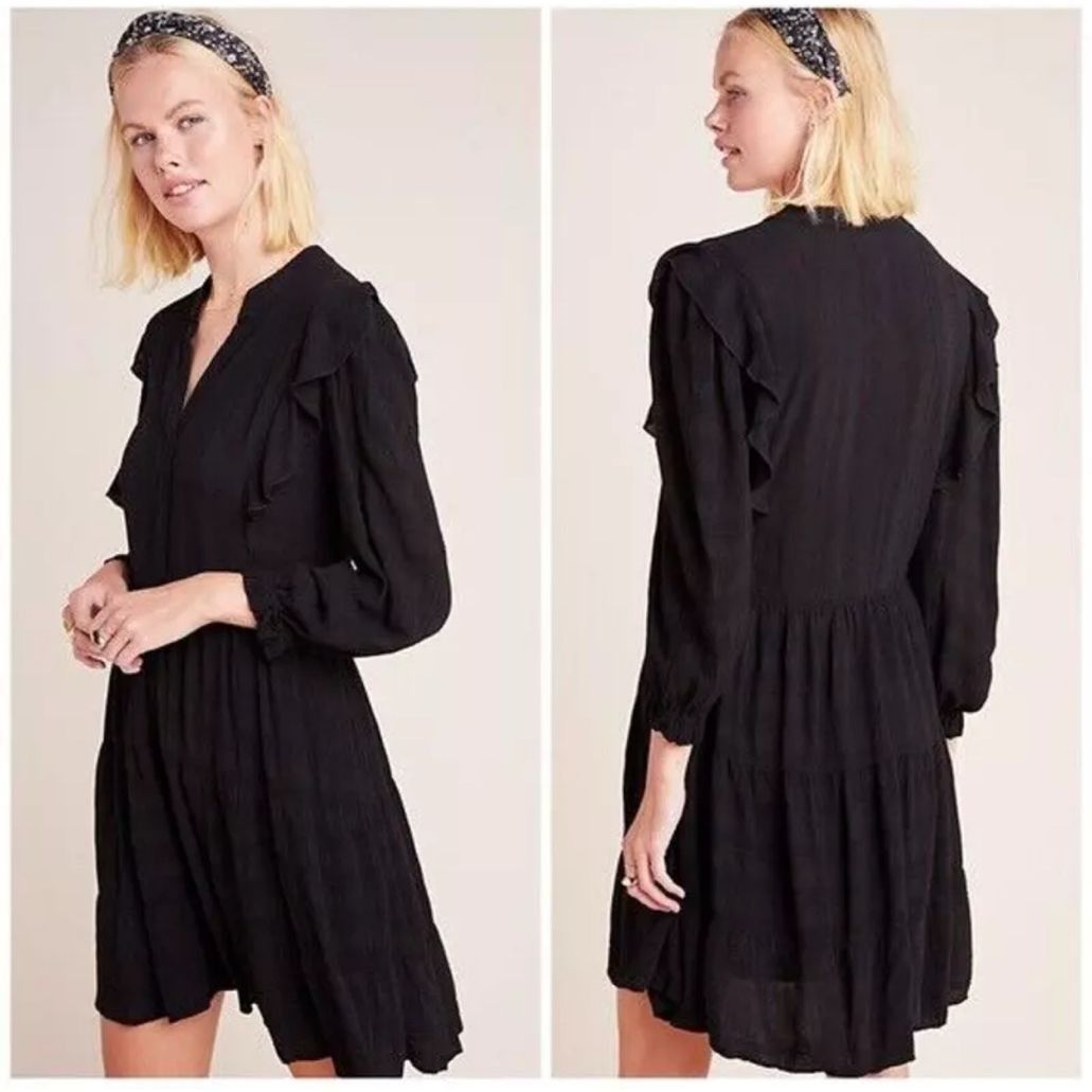 Anthropologie Anthropologie Amadi Rossi Ruffled Tunic Black 3/4 Sleeves Dr Size M / US 6-8 / IT 42-44 - 1 Thumbnail