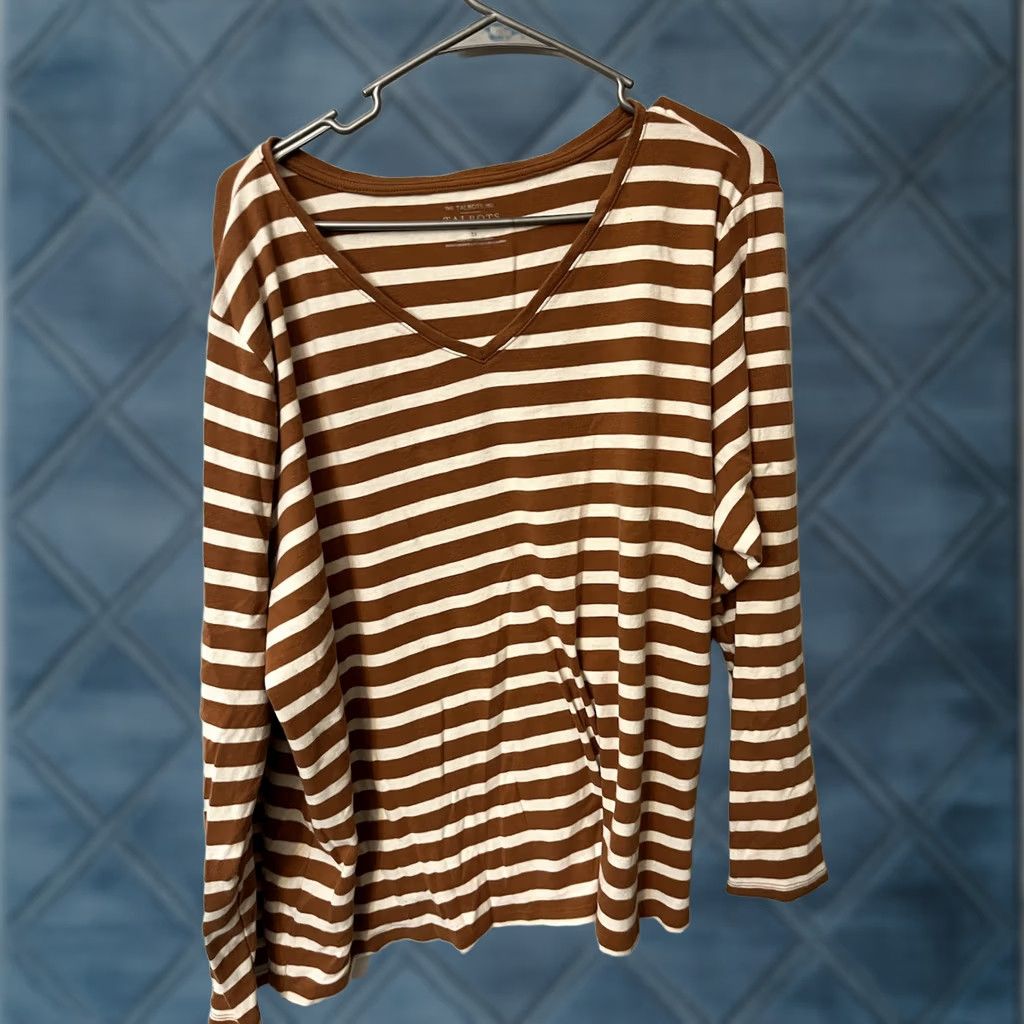 Talbots Talbots Tee Shirt Size 3X Brown Striped Long Sleeve V Neck T-Shirt Size XXL / US 16-18 / IT 52-54 - 1 Thumbnail