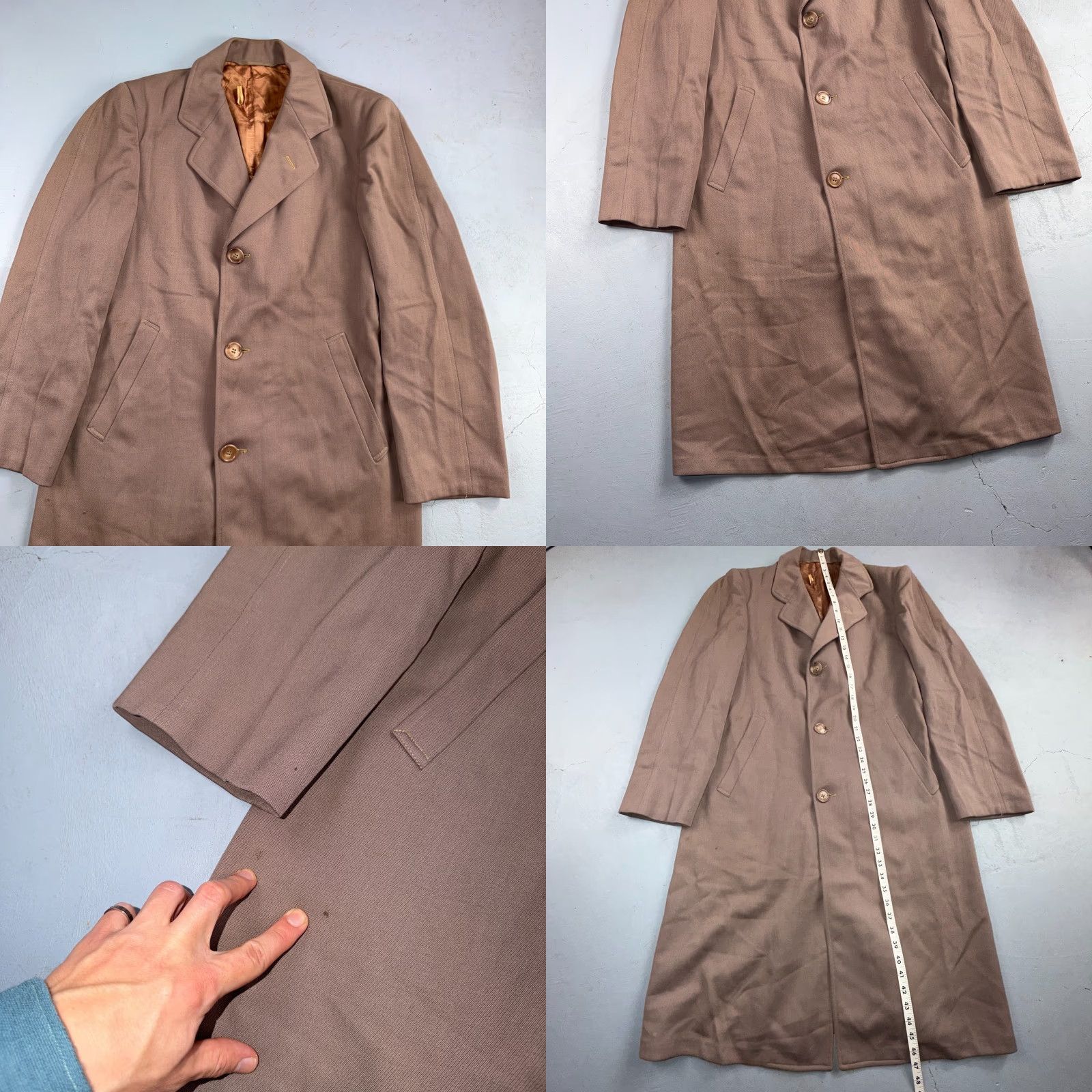 Vintage VTG Coat Trench Mens 40 Wool Gabardine Like Rockabilly Overcoat Coat Long Beige 1940s 1930s Vintage Mens Retro Overcoat Size US XXS / EU 40 - 8 Thumbnail