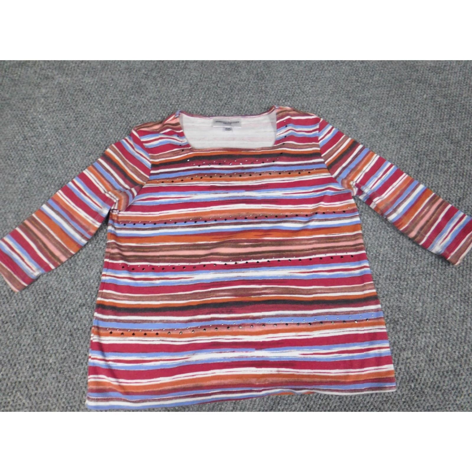 Vintage Rebecca Malone Womens Blouse PM Petites Red Striped Stretch Crew Neck Long Sleeve Casual Pullover Cotton Polyester Rayon Ruffle Classic Basic Size M / US 6-8 / IT 42-44 - 2 Thumbnail