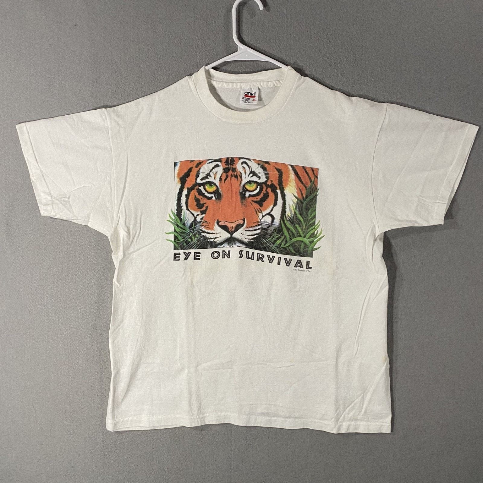 Anvil Vtg '93 Eye on Survival Tiger T Shirt White USA Made Size XL Size US XL / EU 56 / 4 - 1 Thumbnail