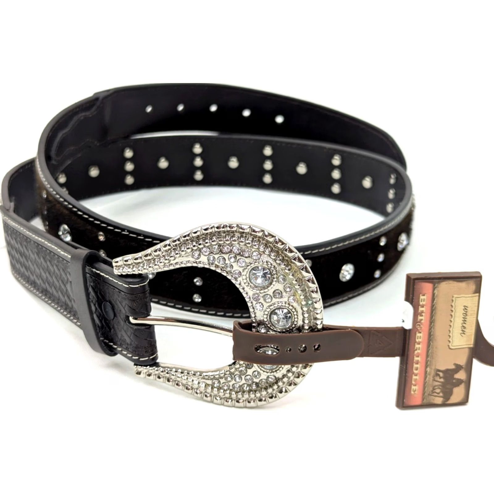 Vintage Bit & Bridle Western Belt Women XL Brown Leather Rhinestone Studded Belt, 1 1/2" Wide, Vintage? (n/a) Size ONE SIZE - 2 Thumbnail