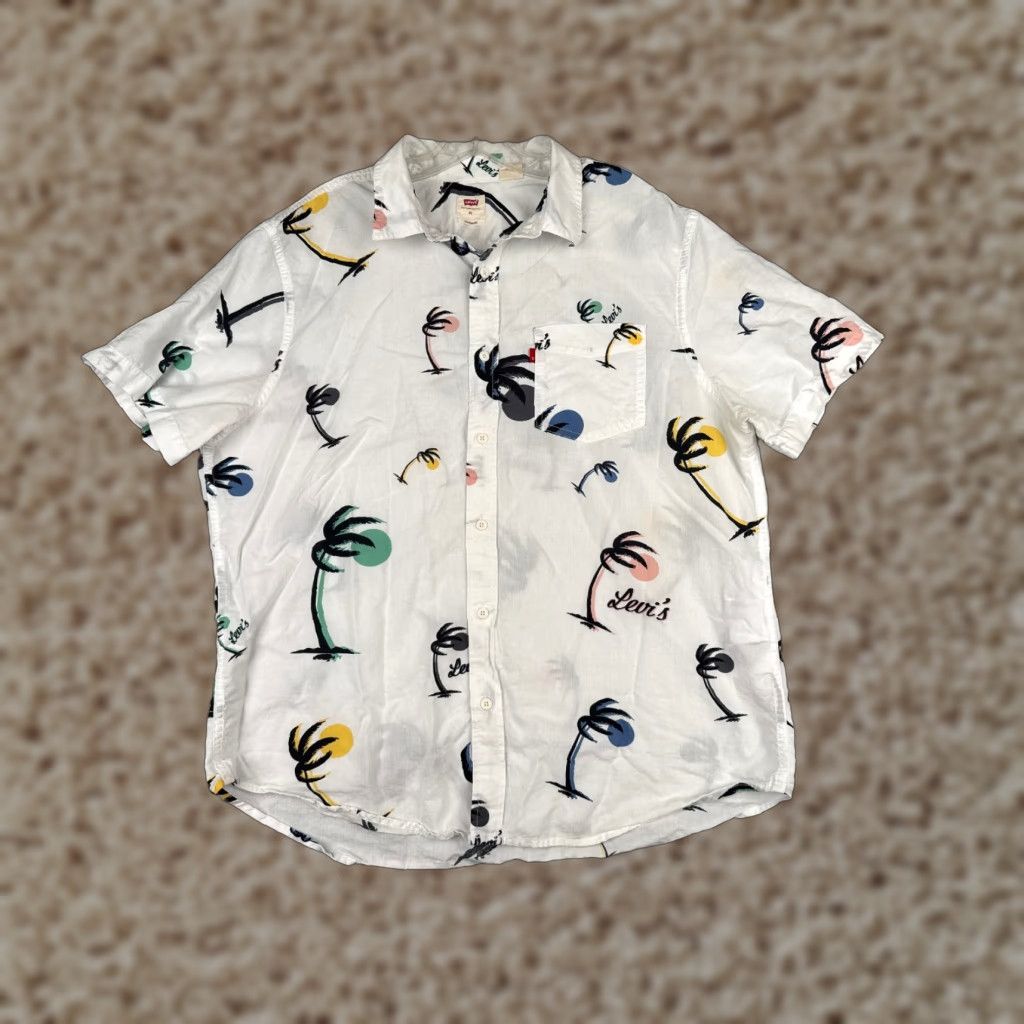 Levi's VINTAGE Levis Shirt Men Extra Large White Palm Tree Sunset Hawaiian Button Up Cotton Size US XL / EU 56 / 4 - 1 Thumbnail
