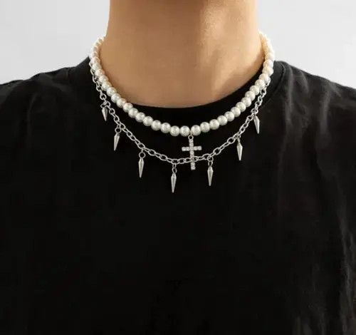 Japanese Brand × Vintage Unisex punk pearl beaded necklace layered cross chain Size ONE SIZE - 4 Thumbnail