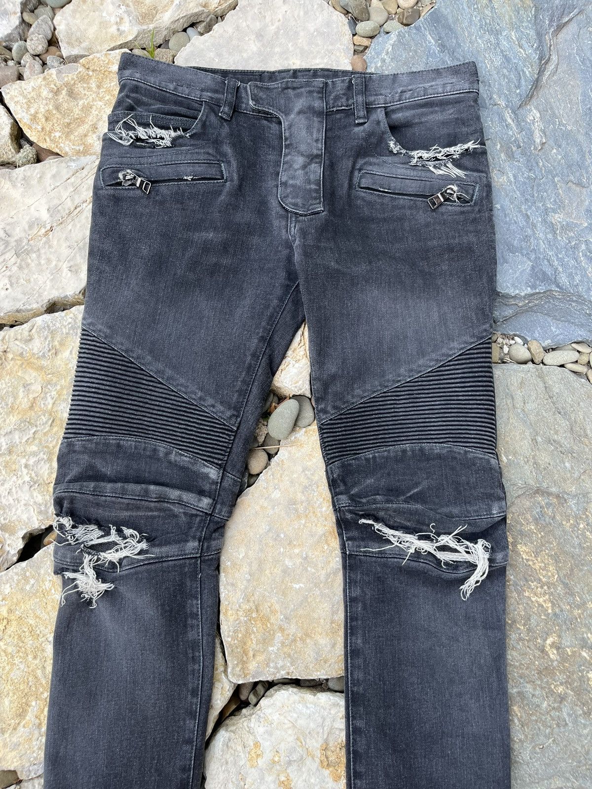 Balmain × Japanese Brand Balmain biker jeans pants 29 washed denim black distressed Size US 29 - 4 Thumbnail