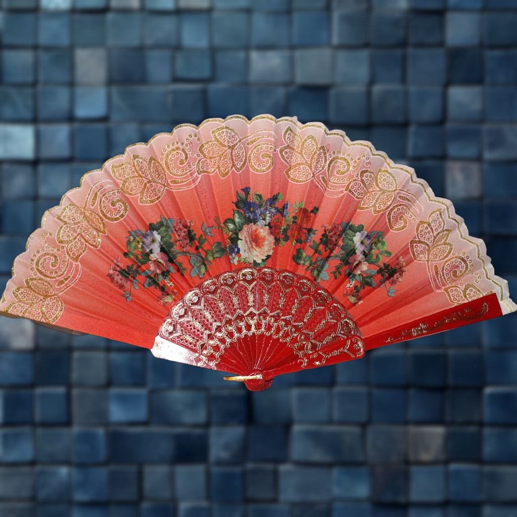 Vintage VINTAGE FAN Hand Fan with Flowers Small Hand Fan 16in Wide 9in Closed Flowers Red D2 Mens or Unisex Size ONE SIZE - 1 Thumbnail