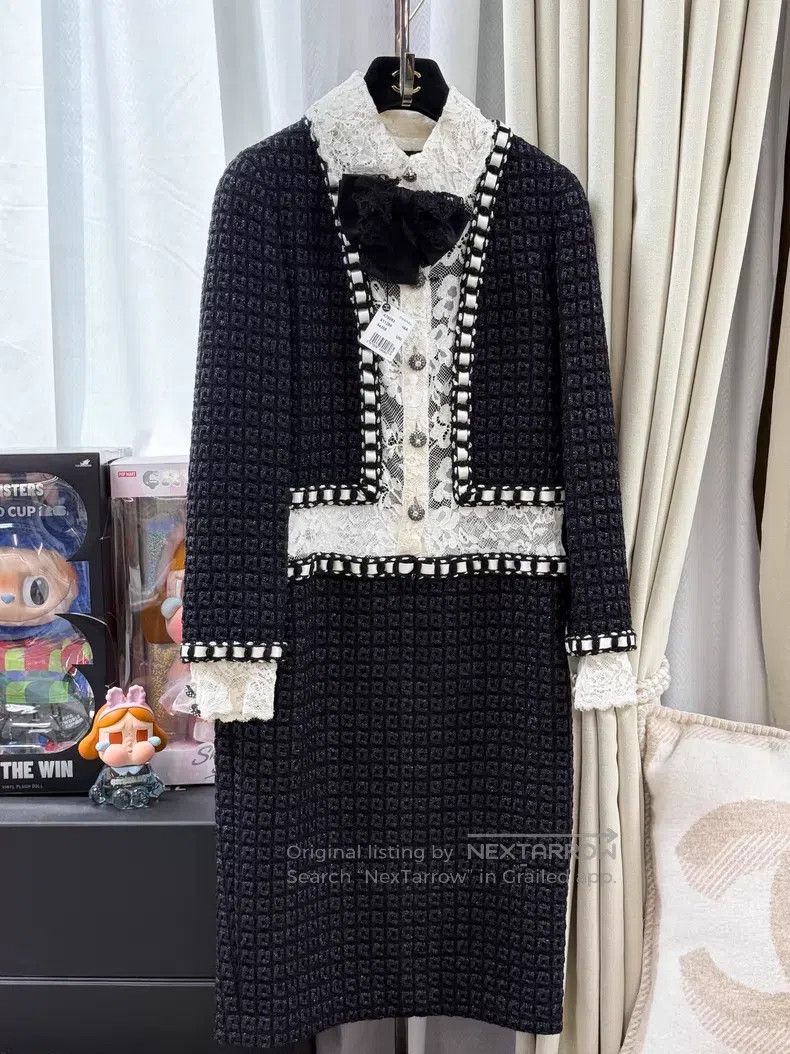 Chanel Chanel Lace bow stitching tweed long-sleeved dress Size XXS / US 00 / IT 34 - 1 Thumbnail