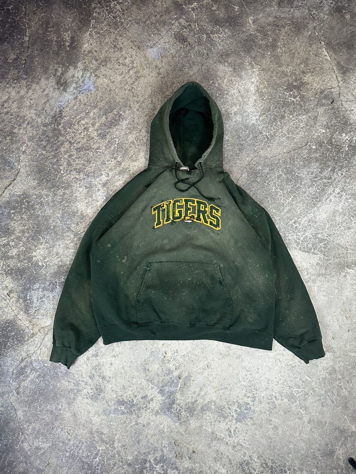 image of Vintage Thrashed Tigers Hoodie in Green, Men's (Size Large)