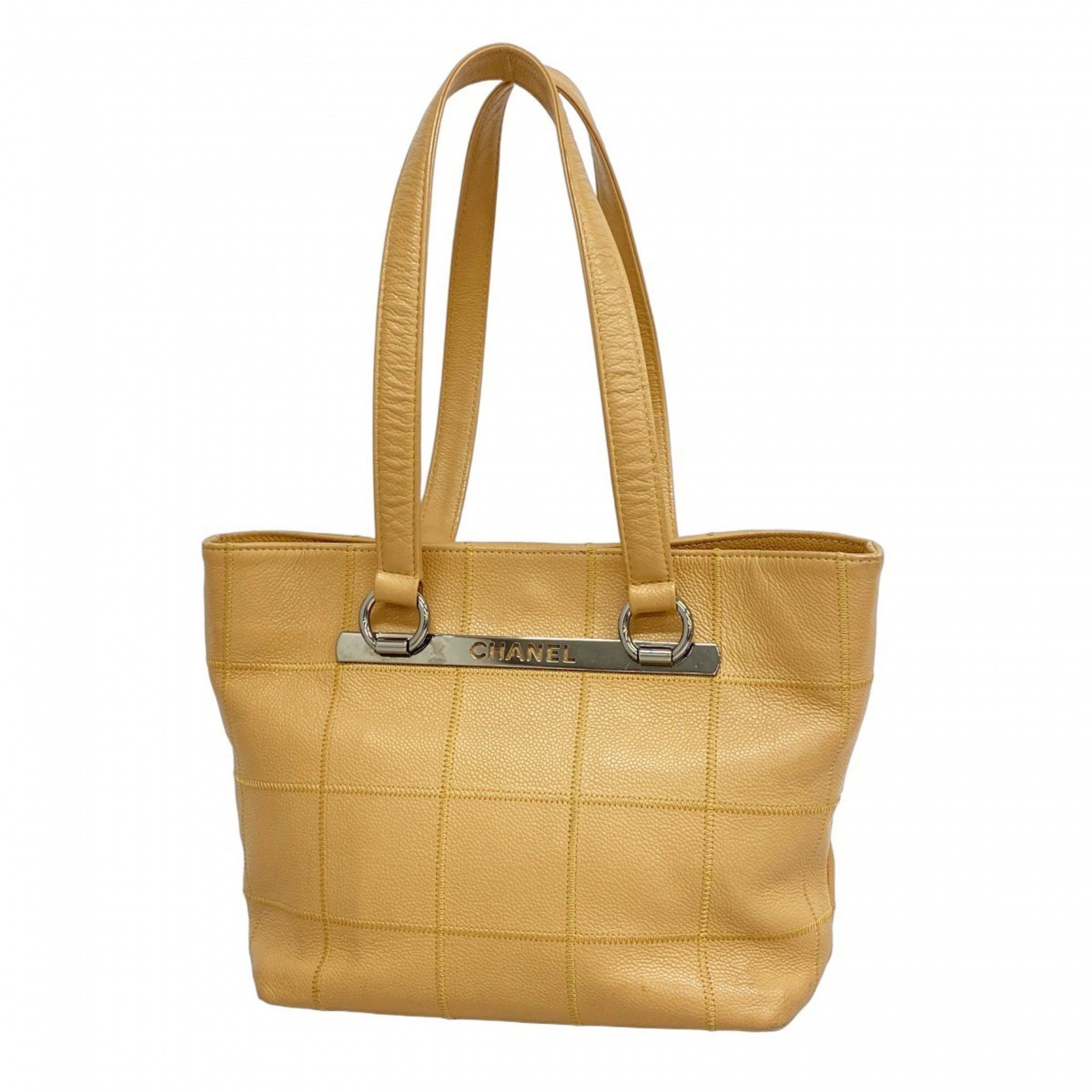 Chanel Tote Bag Chocolate Bar Caviar Skin Beige Women's