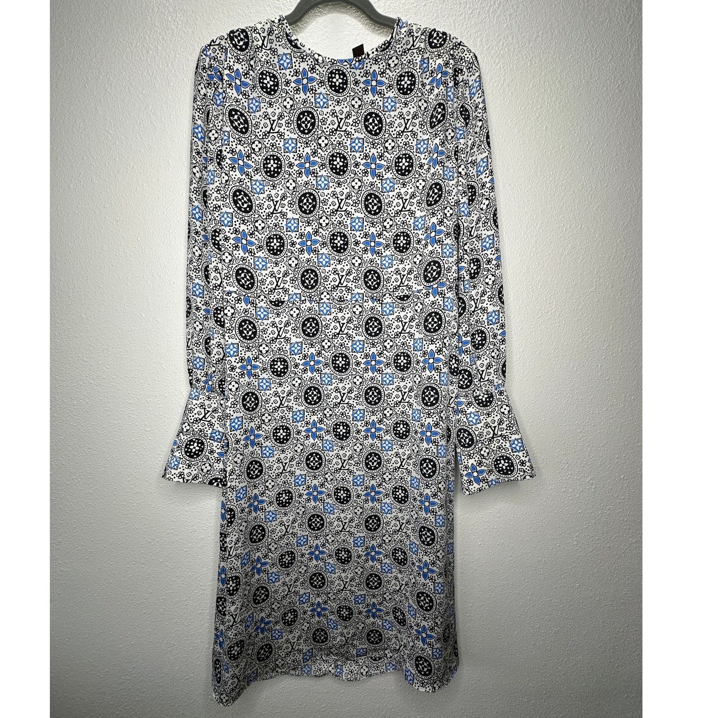 Louis Vuitton Louis Vuitton Silk Belted Midi White Black Blue 42 / 10 Size L / US 10 / IT 46 - 4 Thumbnail