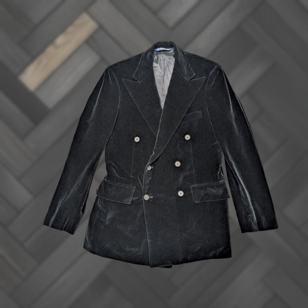 Polo Ralph Lauren VINTAGE Polo by Ralph Lauren Blazer Men Velvet 36 Black Two-Button Double-Breasted Peak Lapel Smoking Jacket 1970s Analysis Size US M / EU 48-50 / 2 - 1 Thumbnail