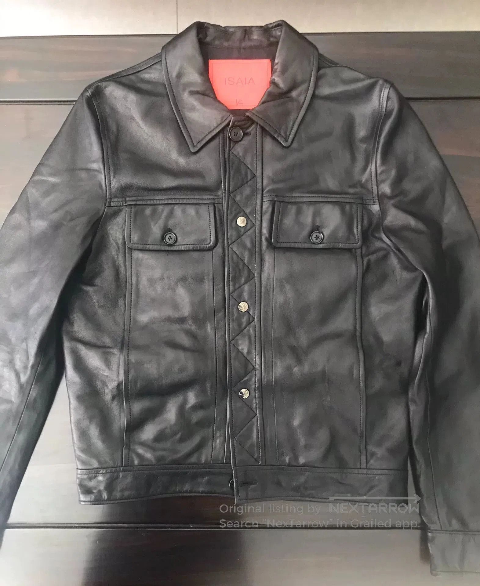 isaia black leather jacket size 48.