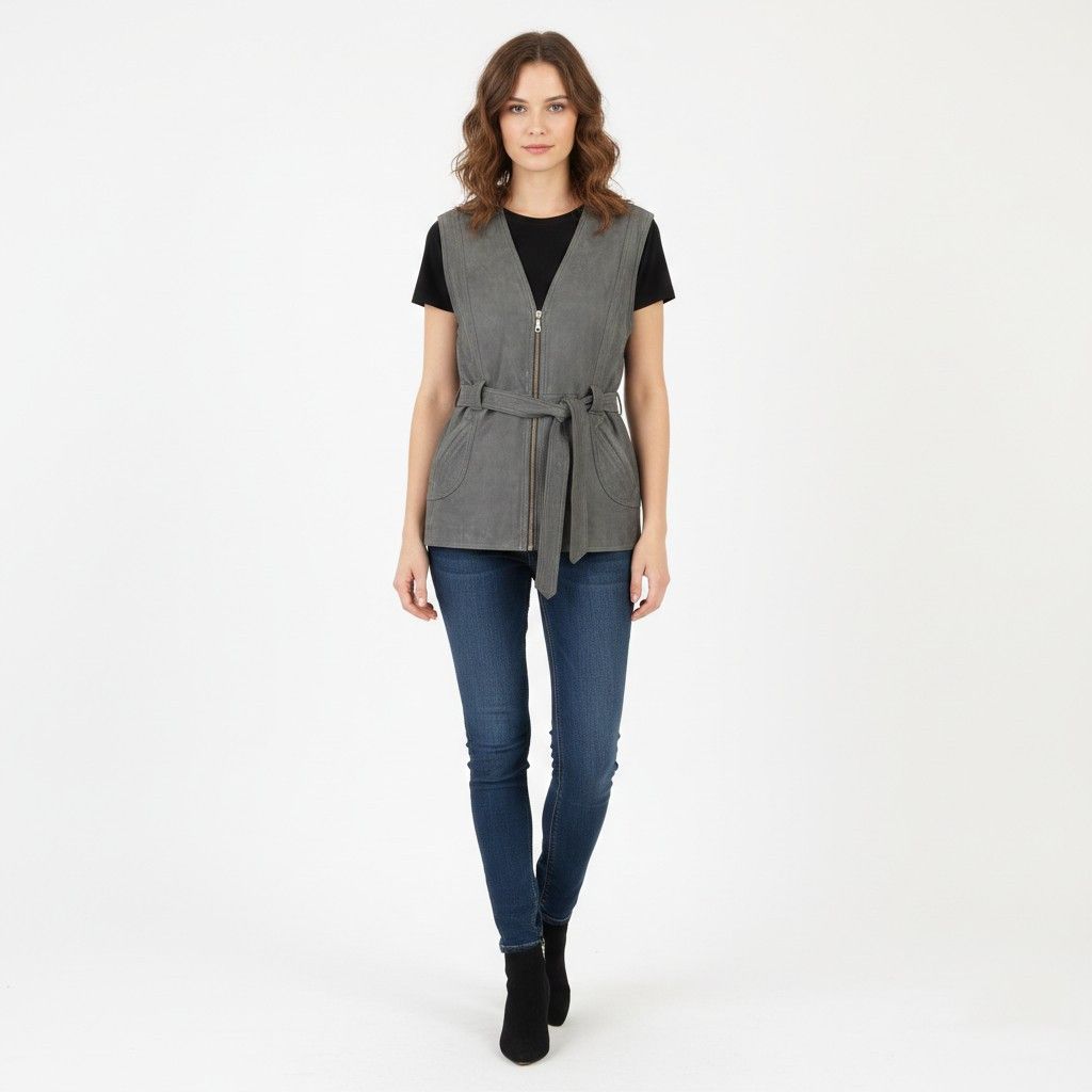 Leather Vintage Women M Waistcoat Gray Leather Biker 0887 Size M / US 6-8 / IT 42-44 - 1 Thumbnail