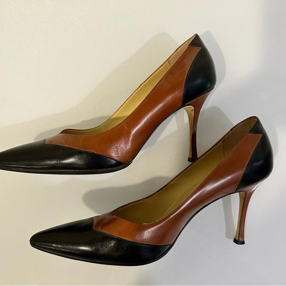 Manolo Blahnik Manolo Blahnik Black and Brown Leather Geometric Pumps 39.5 Size US 8.5 / IT 38.5 - 2 Thumbnail