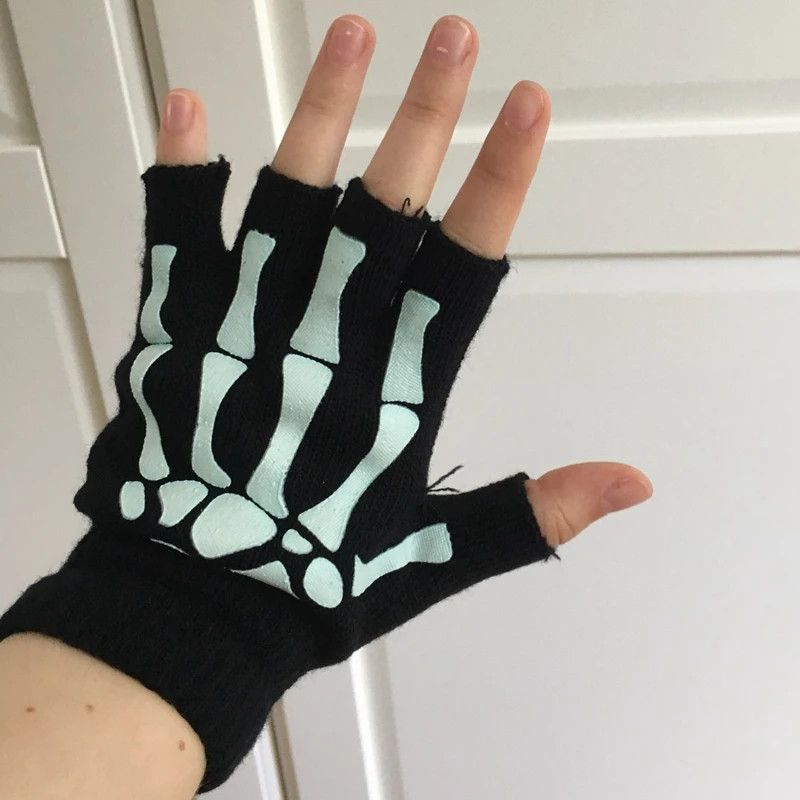 Other Unisex Halloween Skeleton Skull Half Finger Gloves Size ONE SIZE - 4 Thumbnail