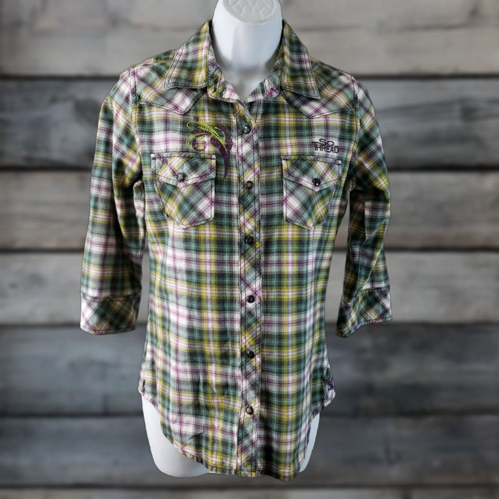 Vintage Southern Thread Shirt Womens Pearl Snap Plaid Embroidered Size Small Green Purple 3/4 Sleeve Button-Up Collared Size S / US 4 / IT 40 - 1 Thumbnail