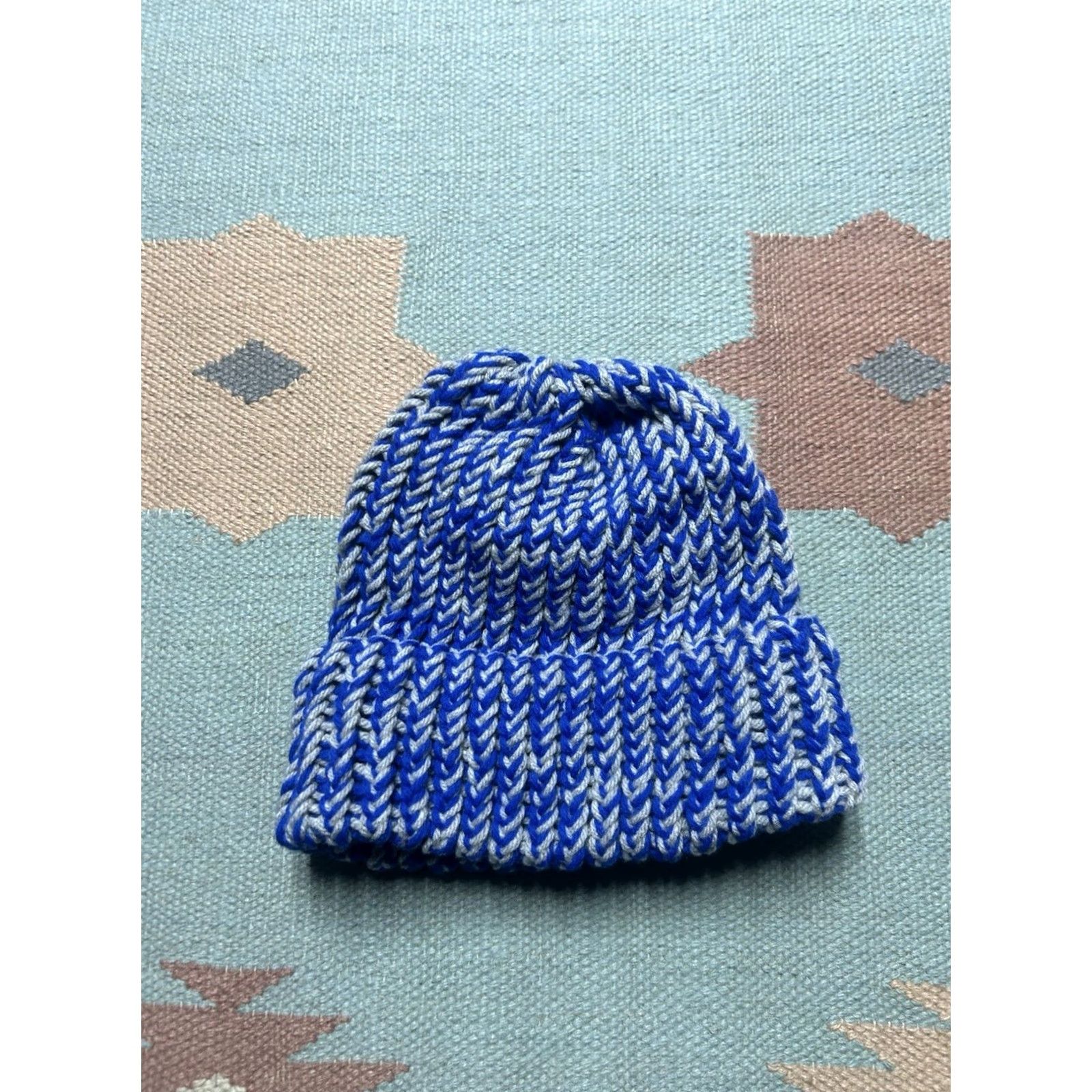 Vintage VINTAGE Hand knit crochet beanie winter hat blue white/gray Detroit lions adult one size Size ONE SIZE - 3 Thumbnail