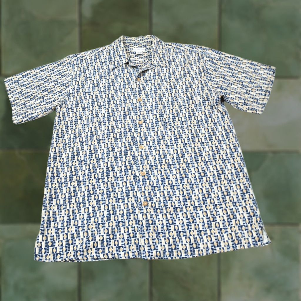 Vintage VINTAGE Bullock & Jones Hawaiian Shirt Mens Large Blue Beige Geometric Silk Loop Shirt Boy? Size US L / EU 52-54 / 3 - 1 Thumbnail