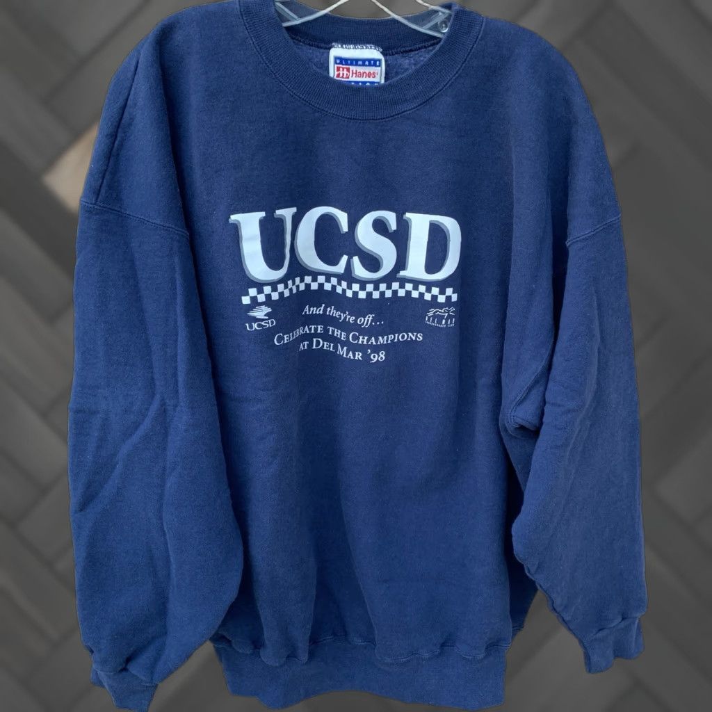 Hanes VINTAGE UCSD Del Mar ’98 Sweatshirt Horses Horse Racing Pullover Graphic Print Unisex Adults XL Blue Hanes Cotton Blend Size US XL / EU 56 / 4 - 1 Thumbnail