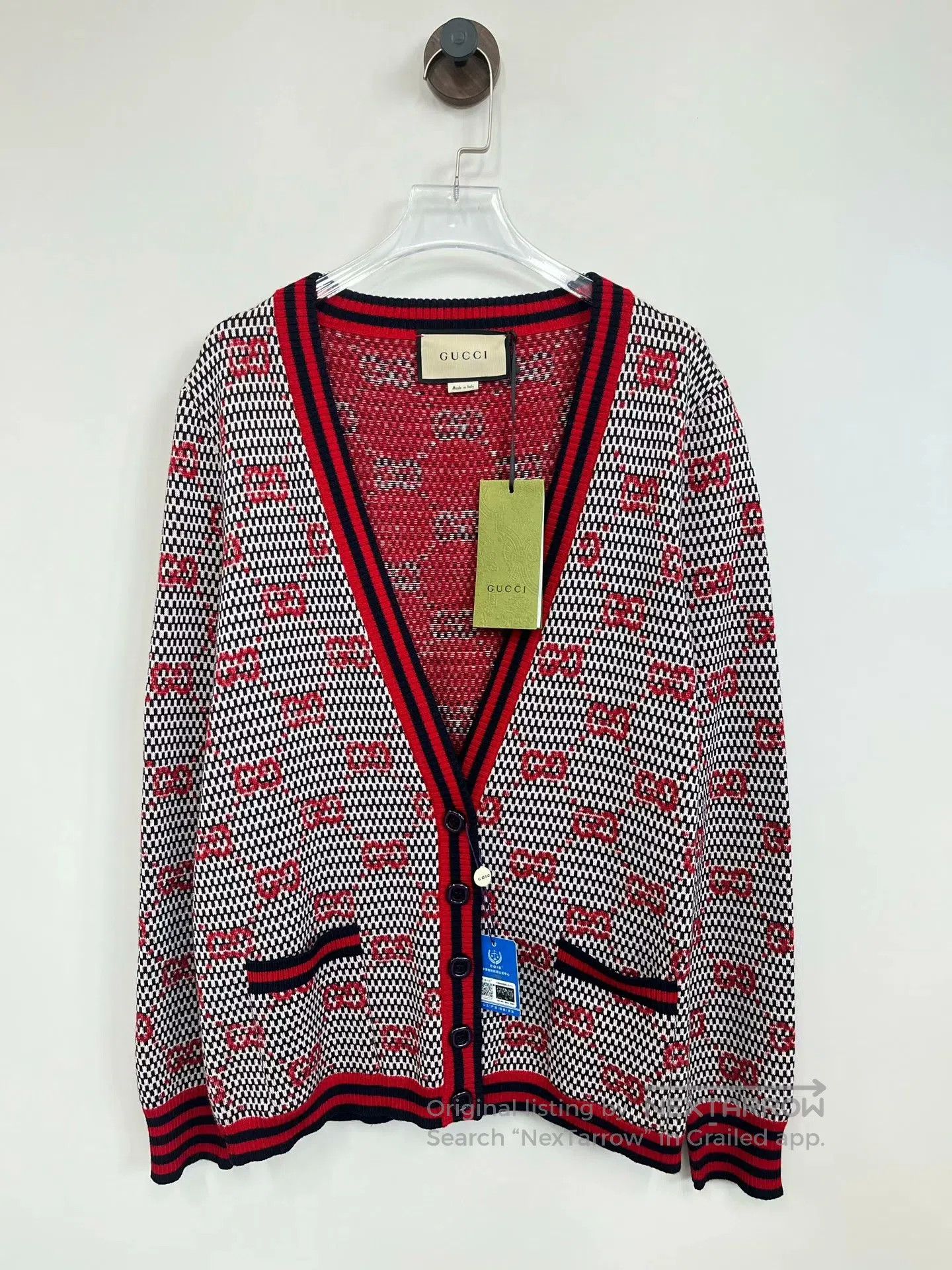Gucci Guicci Red Double G Full-Print V-Neck Wool Knit Open Cardi Size US M / EU 48-50 / 2 - 1 Thumbnail