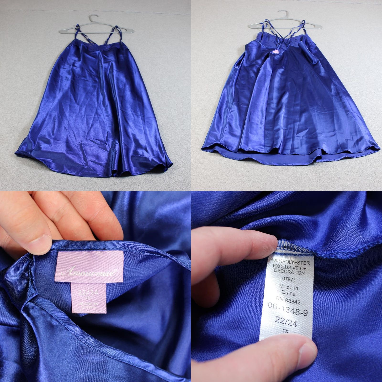 Vintage Amoureuse Blue Satin Kimono Robe & Nightgown Set 1X Women Belt 2 Piece Lingerie Sleepwear Size ONE SIZE - 8 Thumbnail