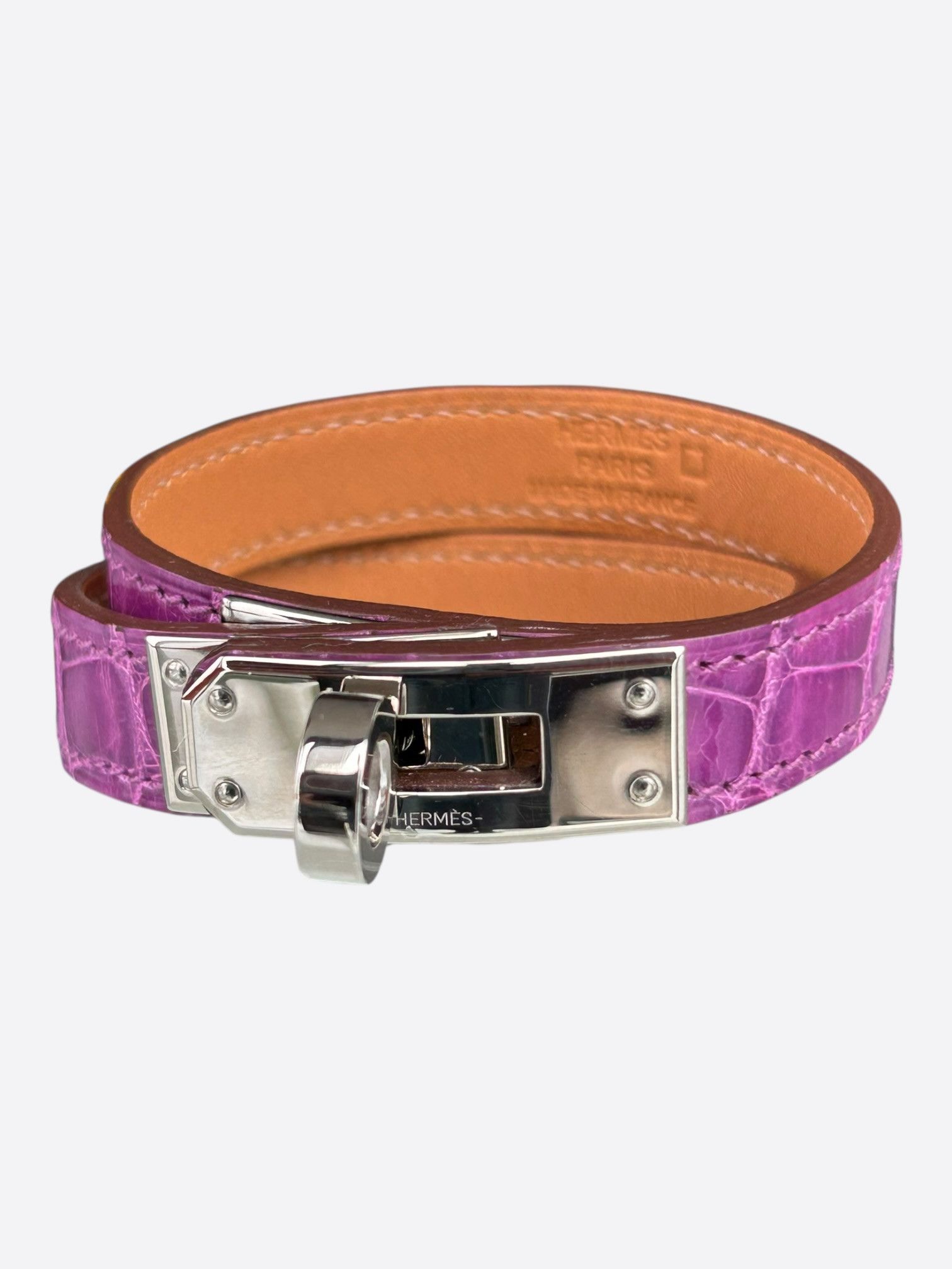 Hermes Purple Croc & Palladium Hardware Kelly Double Tour Bracelet Size ONE SIZE - 1 Thumbnail