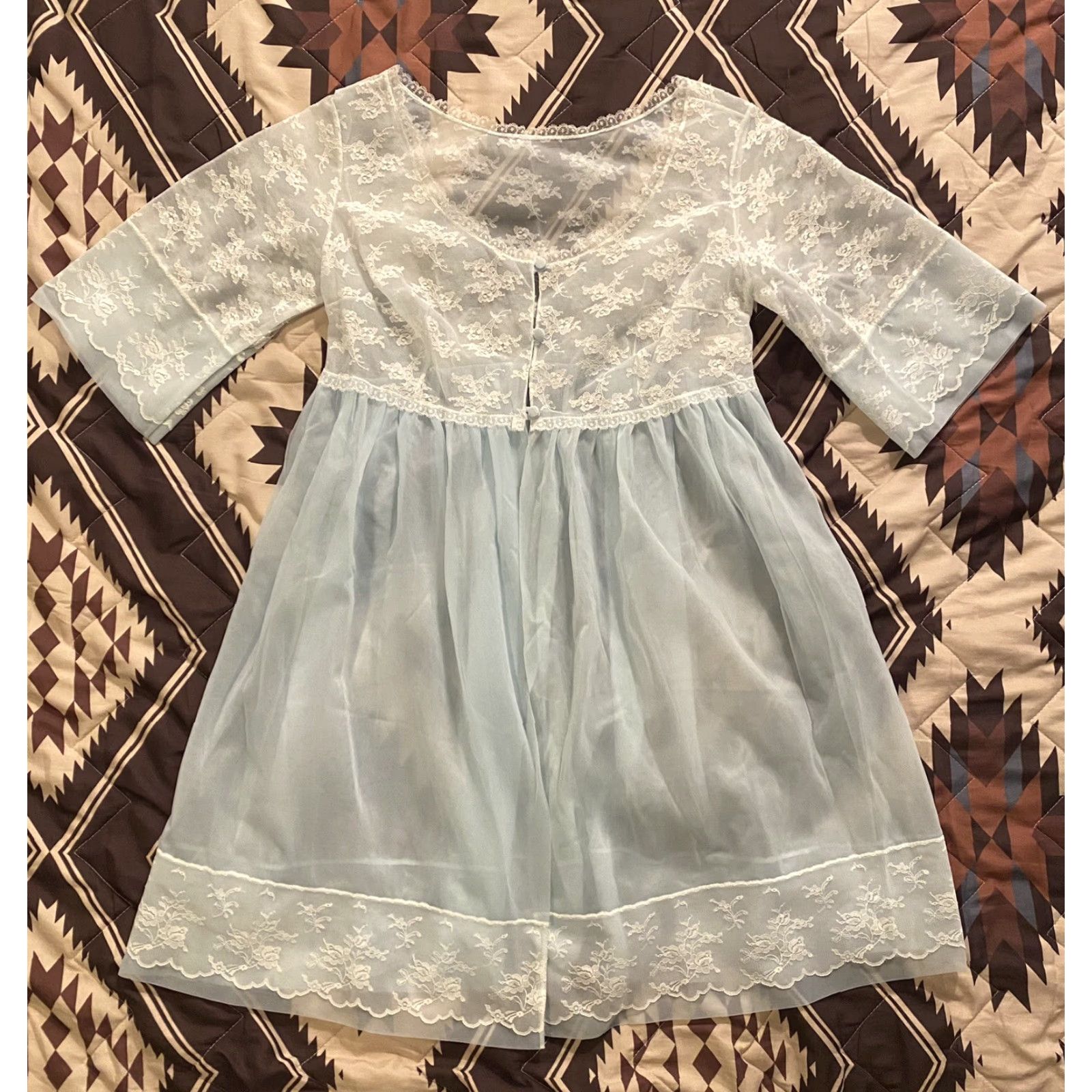 Henson VINTAGE 60’s Henson Kickernick Nylon Lace Sheer Nightie Bed Jacket Blue Sz 34 | 1960s Victorian Nylon Nightwear Mainsale Keywords Size XXS / US 00 / IT 34 - 2 Thumbnail