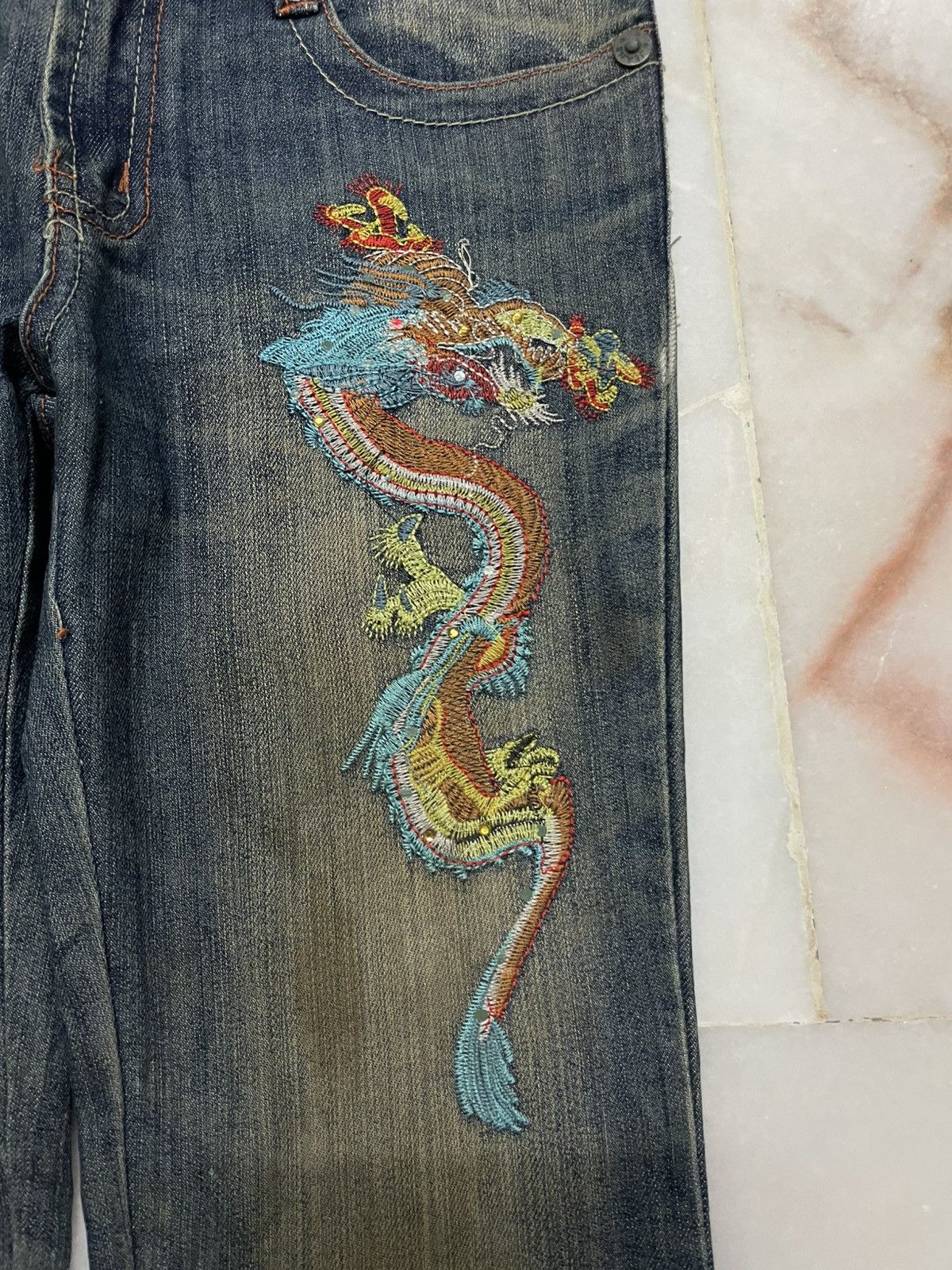 Seditionaries 💥Flared💥🇯🇵 Mudwash Tattoo Dragon Embroidery Bootcut Jean Size 28" / US 6 / IT 42 - 4 Thumbnail