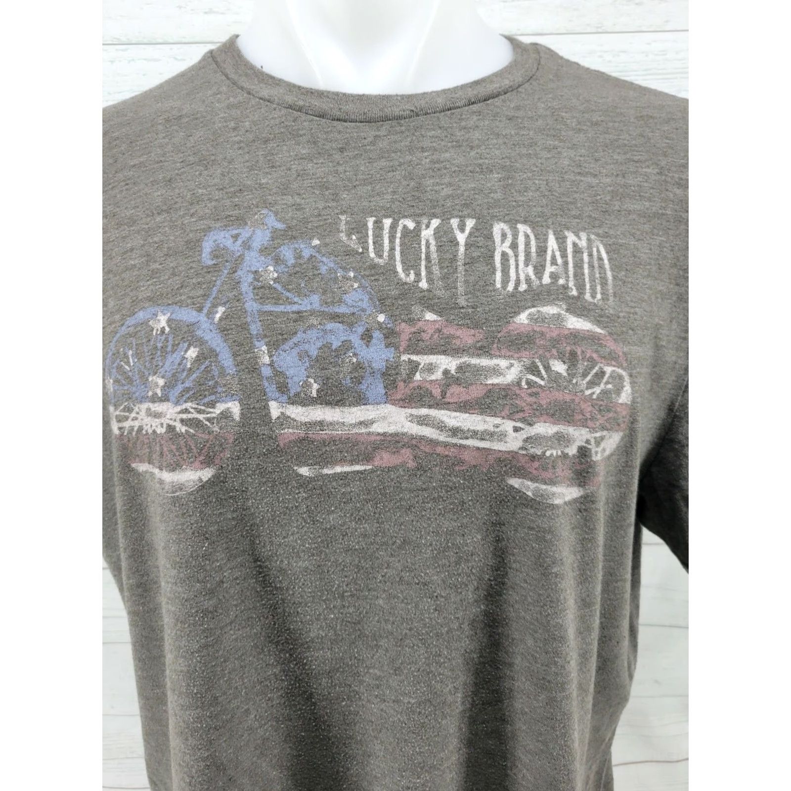 Lucky Brand Lucky Brand Mens XL Gray American Flag Motorcyle Graphic T-Shirt Tee Shirt Graphic Tee Casual Mens Size US XL / EU 56 / 4 - 2 Thumbnail