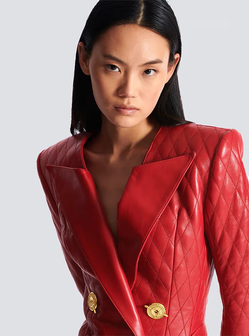 Balmain o1s1wg111225 Short Quilted Leather Dress in Red Size XL / US 12-14 / IT 48-50 - 7 Thumbnail