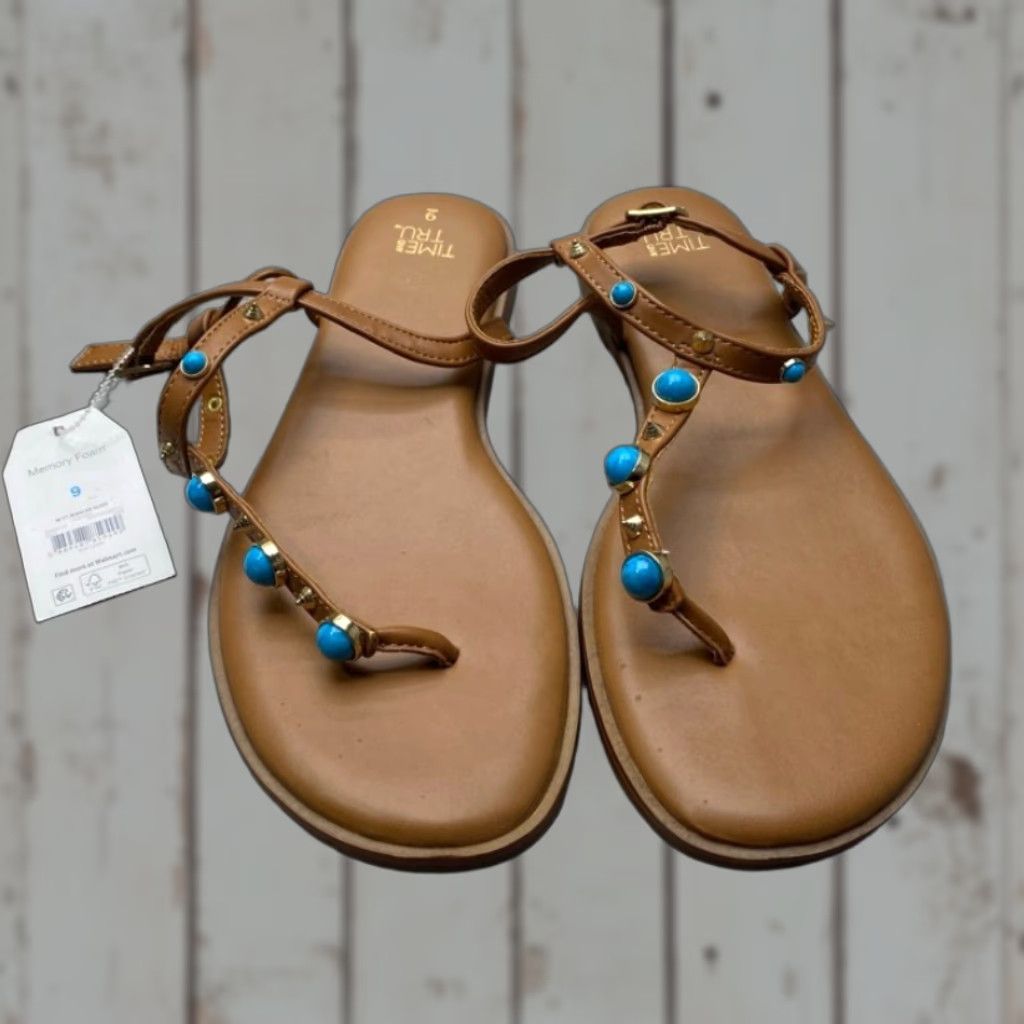Vintage Time And Tru Sandals Sz 9 Jeweled T-Strap Faux Turquoise Stones Studs Brown Size US 9 / IT 39 - 1 Thumbnail